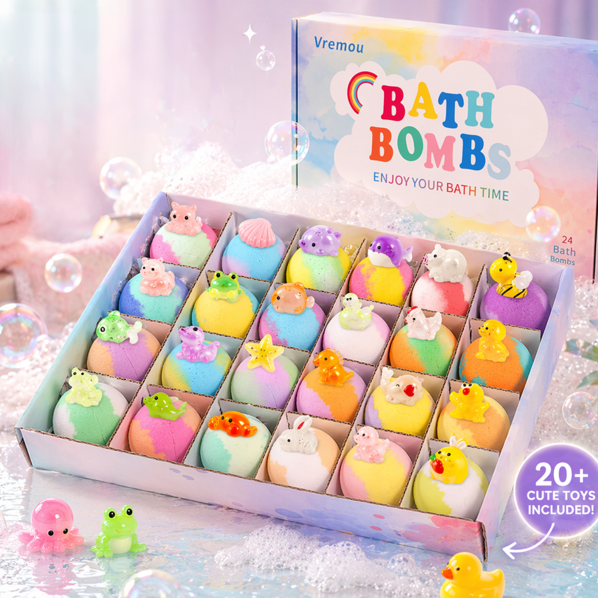 Glow & Surprise Bath Bombs Pack, 24 Fizzy Bombs with Light-Up Toys